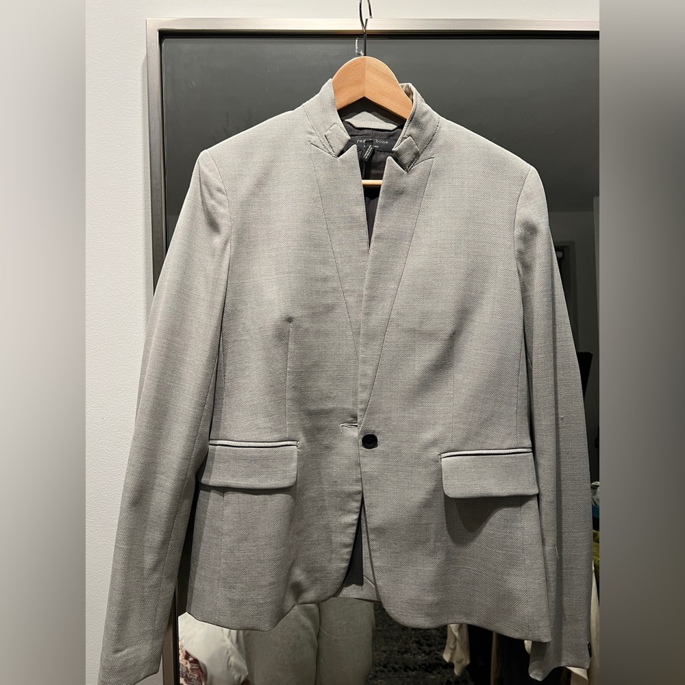 Grey Rag & Bone blazer with flat collar.
